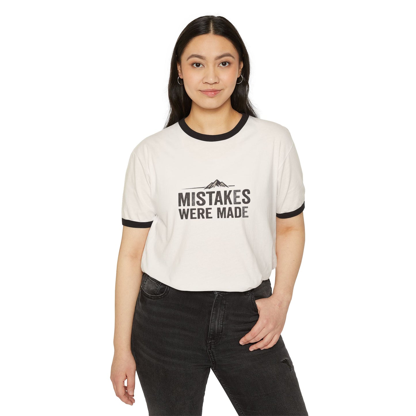 Ringer T-Shirt — 'Mistakes Were Made' Front / 'Memories Were Earned' Vintage Mountain Adventure Tee