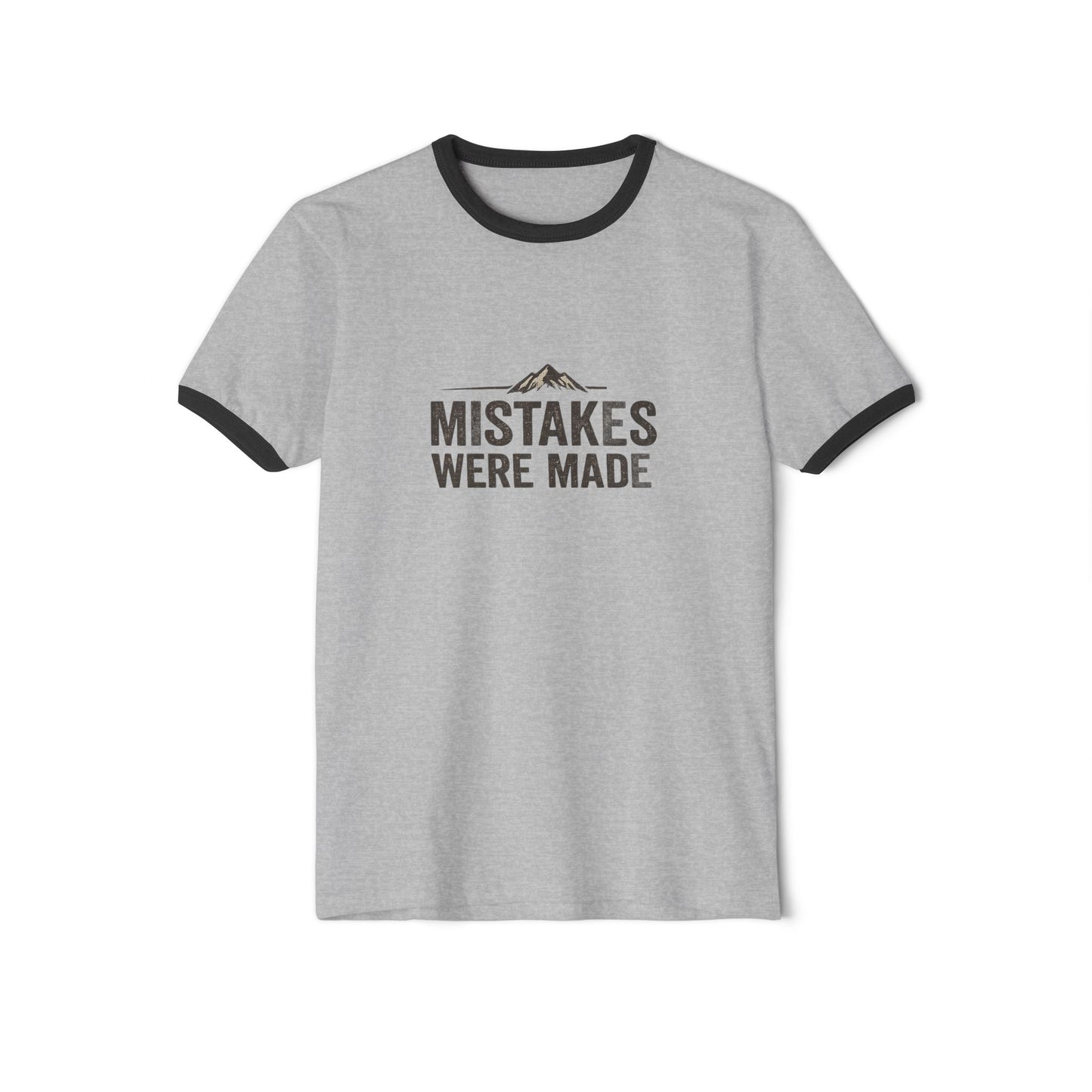 Ringer T-Shirt — 'Mistakes Were Made' Front / 'Memories Were Earned' Vintage Mountain Adventure Tee