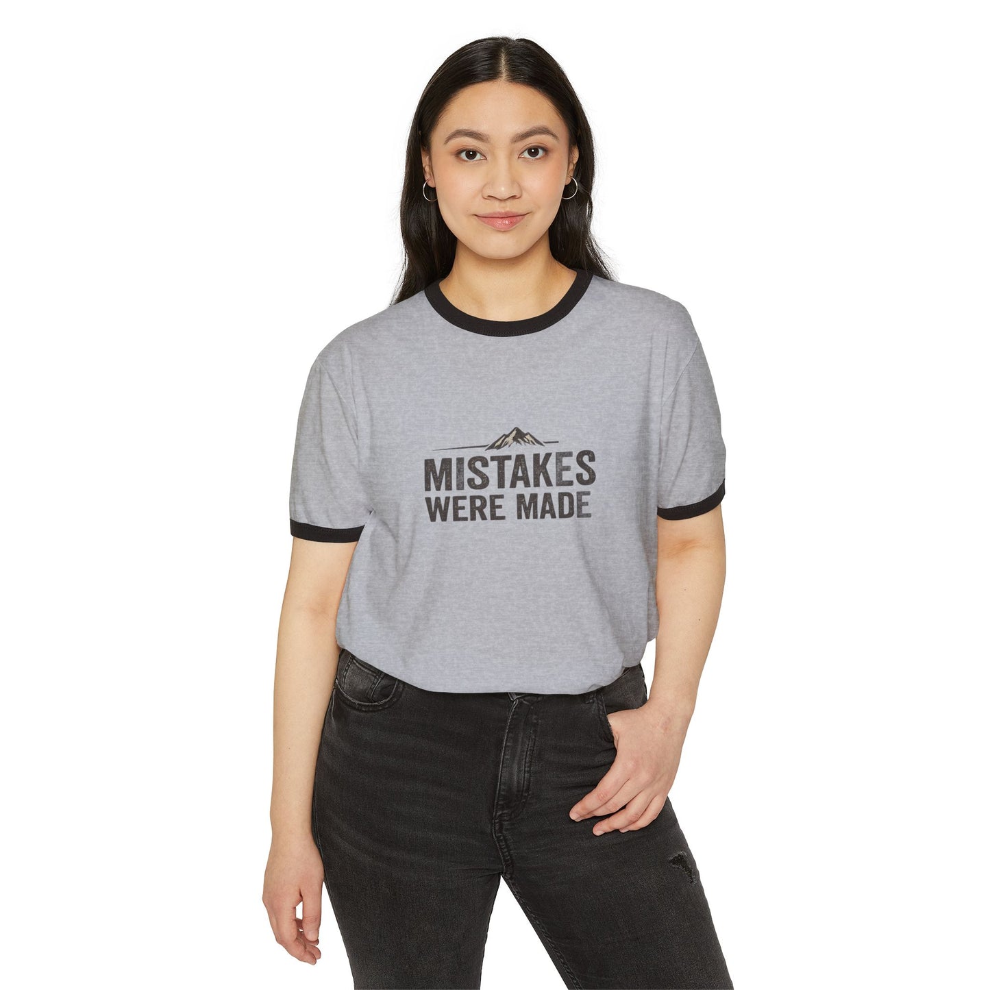 Ringer T-Shirt — 'Mistakes Were Made' Front / 'Memories Were Earned' Vintage Mountain Adventure Tee