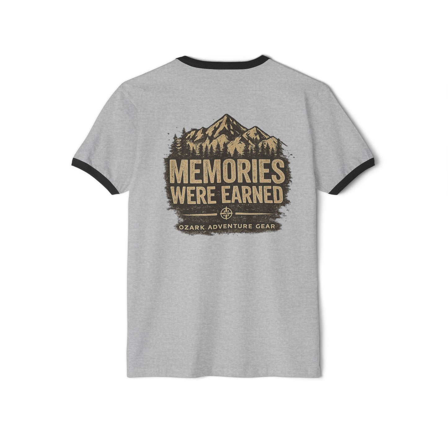 Ringer T-Shirt — 'Mistakes Were Made' Front / 'Memories Were Earned' Vintage Mountain Adventure Tee