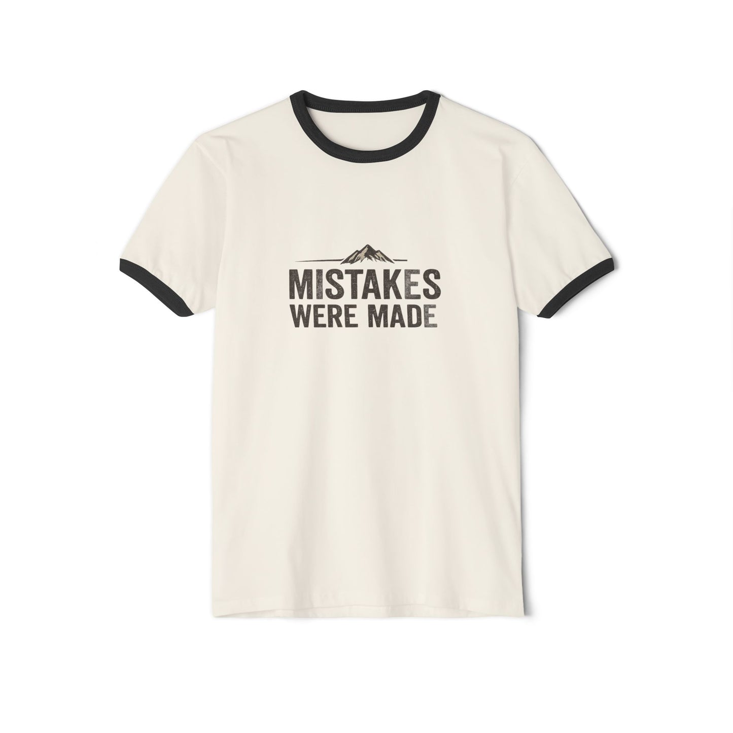 Ringer T-Shirt — 'Mistakes Were Made' Front / 'Memories Were Earned' Vintage Mountain Adventure Tee